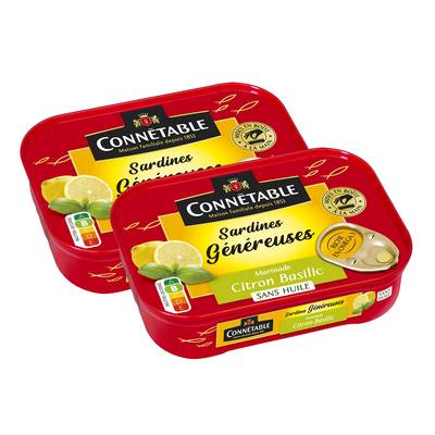 Connetable Sardines Généreuses marinade citron basilic sans Huile, Lot de 2x140g