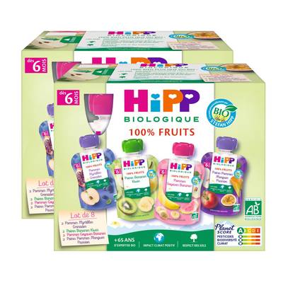 Hipp - 100% Fruits 4 variétés- Poire Pomme Mangue Passion, Pomme Goyave Banane, Poire Banane Kiwi Bio Gourdes Bébé Dès 6 mois, Lot de 2x8x90g