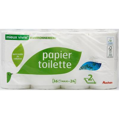 Auchan Mieux Vivre Papier toilette écologique blanc maxi 2 épaisseurs, 16 rouleaux papiers toilettes