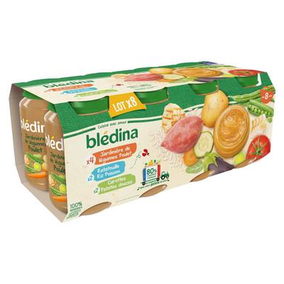 Blédina Jardinière de Légumes Poulet / Ratatouille Riz Colin / Carottes Patates Douces Pot Bébé Dés 8 mois, 8x200g