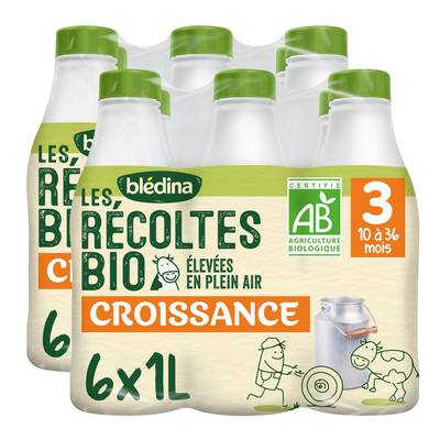 Blédina - Les Récoltes Bio Lait de Croissance Bio 3 Liquide Bébé Dès 10 Mois, Lot de 2x6x1L