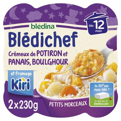 Blédina - Blédi'chef Crémeux de Potiron et Panais, Boulghour et fromage Kiri Plat Bébé Dès 12 mois, 2x230g