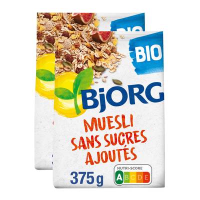Bjorg Muesli Raisin Figue Abricot sans sucres ajoutés bio, Lot de 2x375g
