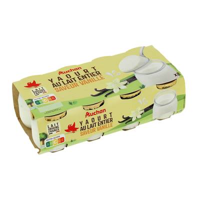 Auchan Yaourt au lait entier saveur vanille, 8x125g