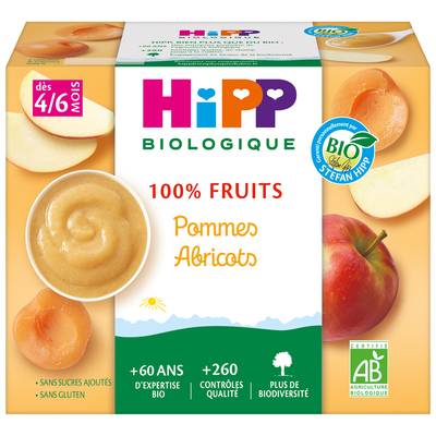 Hipp - 100% Fruits Pommes Abricots Bio Coupelle Bébé Dès 4/6 mois, 4x100g
