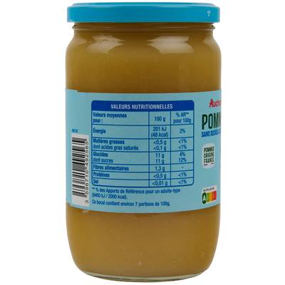 Auchan Purée de pomme sans sucres ajoutés en bocal, 710g