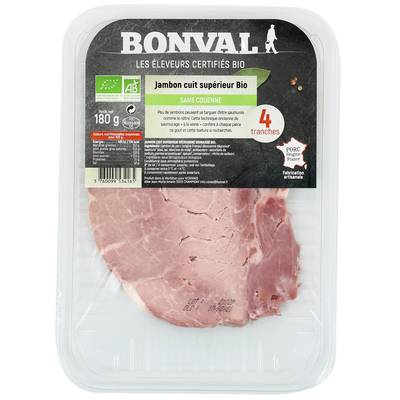 Bonval Jambon Cuit Supérieur, Bio, sans Couenne, 4 tranches -180g