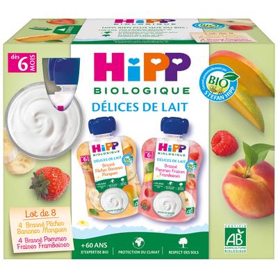 Hipp - Délices de Lait 2 Variétés Brassés- Pêche Banane Mangue et Pomme Fraise Framboise Bio Gourde Bébé Dès 6 mois, 8x90g