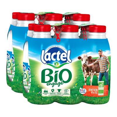 Lactel Lait entier bio, 2 packs de 6x1l