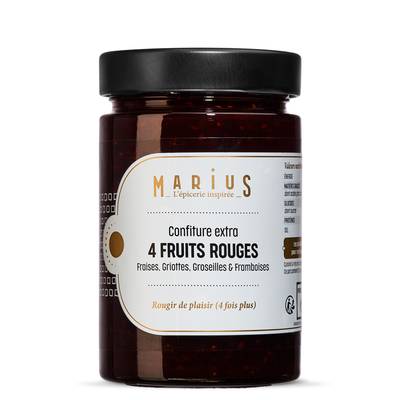 Marius, L'Épicerie Inspirée Confiture Extra aux 4 fruits rouges- Fraises, Griottes, Groseilles, Framboises, 375g