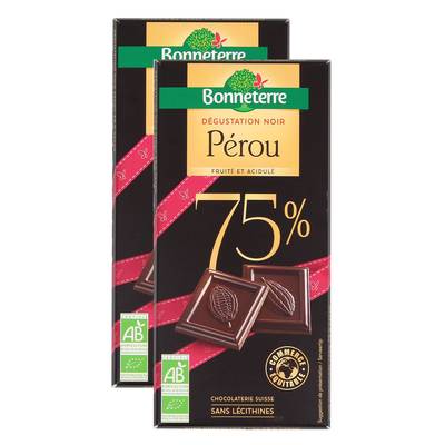 Bonneterre Chocolat noir bio Pérou 75% de cacao, 2x80g