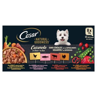 César Barquettes Casserole en Sauce sans Céréales Natural Goodness 4 variétés pour chien adulte, 8x100g