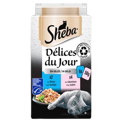 Sheba - Délices du Jour Sachets en Gelée Poissons Thon et Saumon MSC pour chat, 6x50g