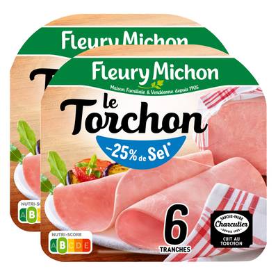 Fleury Michon Jambon Le Tranché Fin Torchon, Taux de Sel Réduit -25%*, Lot de 2x180g