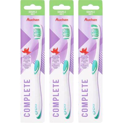 Auchan Brosse à dents complète souple, Lot de 3x1 brosse à dents