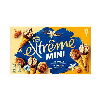Extrême Mini cônes glacés vanille pépites de nougatine ou Caramel beurre salé, 8 cônes - 312g