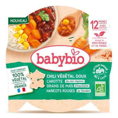 Babybio Chili Végétal doux- Carottes, Maïs, Haricots Rouges Assiette Bébé dès 12 mois, 230g