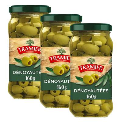 Tramier Olives Vertes Nature Dénoyautées, Lot de 3x160g