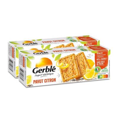 Gerblé Vitalité 16 Biscuits Pavot Citron -46% de sucres en moins, Lot de 2x200g