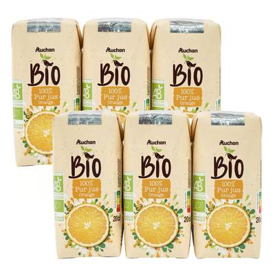 Auchan BIO Pur jus d'orange bio, Lot de 2 packs de 6x20cl