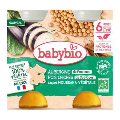 Babybio Moussaka Végétale- Aubergines, Pois Chiches Pot Bébé Dès 6 mois, 2x200g
