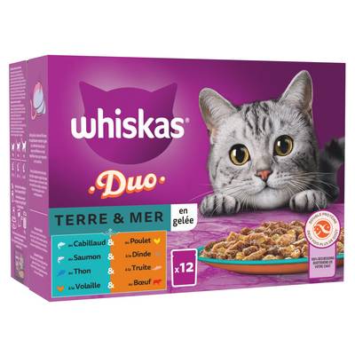 Whiskas Sachets en gelée Duo Terre et mer 4 variétés pour chat adulte, 12x85g