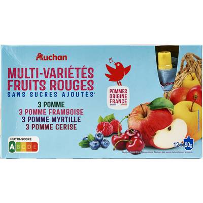 Auchan Gourdes purée multi-variétés fruits rouges sans sucres ajoutés, 12x90g