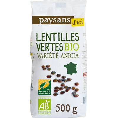 Paysans d'ici - Commerce Equitable Lentilles vertes Variété Anicia Bio de Gascogne ou Bourgogne, 500g