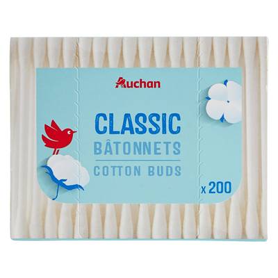 Auchan Cotons-tiges en boîte avec tiges en papier, 200 coton-tiges