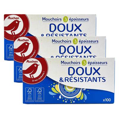 Auchan Boîte de mouchoirs doux et résistants 3 épaisseurs, Lot de 3x100 mouchoirs