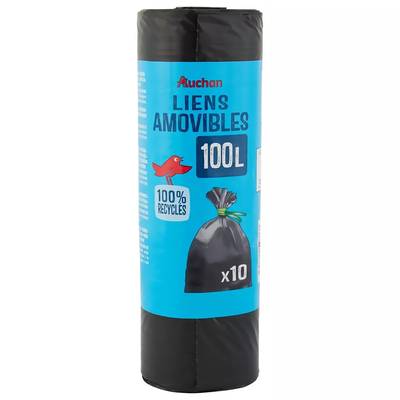 Auchan Sacs poubelle à liens amovibles 100L, 10 sacs poubelles