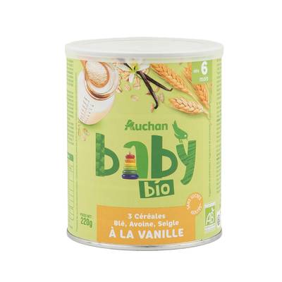 Auchan Baby Bio 3 céréales en poudre blé avoine seigle à la vanille Bio Bébé dès 6 mois, 220g