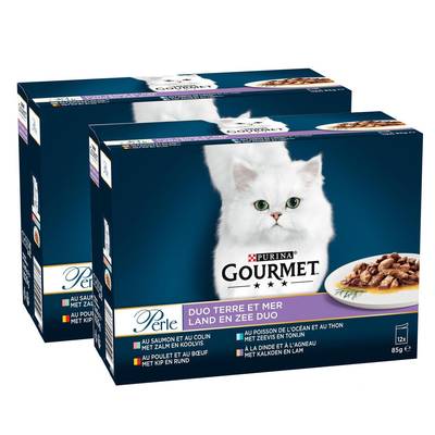 Purina - Gourmet Perle Sachets Duo Terre et Mer 4 variétés pour chat, Lot de 2x12x85g