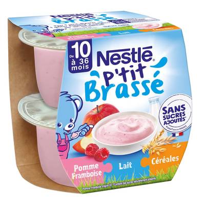 Nestlé - P'tit Brassé Dessert Lacté Pomme Framboise Céréales Sans Sucre Ajouté Bol Bébé Dès 10 mois, 2x115g