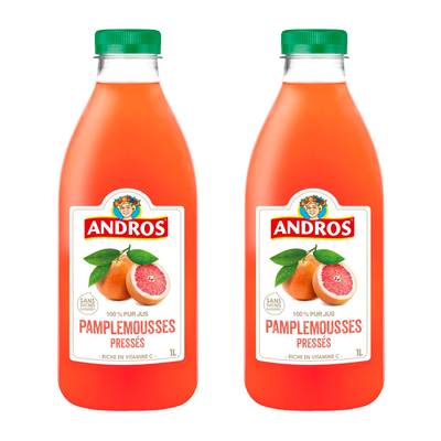 Andros Jus de Pamplemousses Roses Pressés, Lot de 2x1L