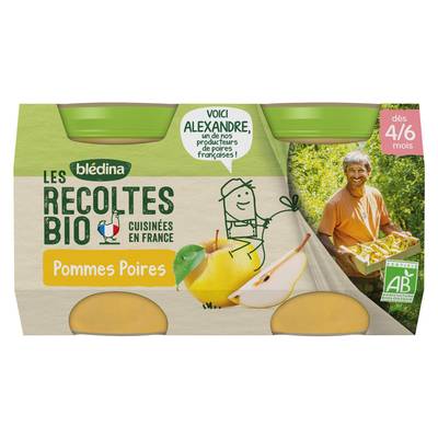 Blédina - Les Récoltes Bio Pomme Poire Bio Pot Bébé Dès 4/6 mois, 2x130g