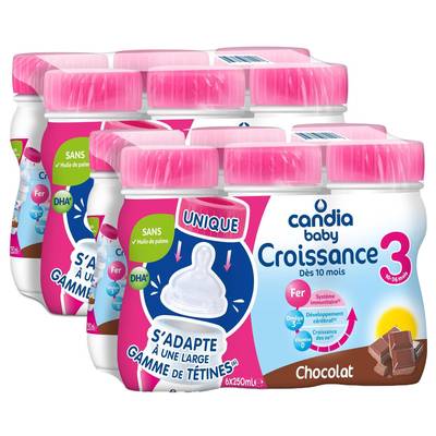 Candia - Baby Lait de Croissance 3 Liquide Chocolat  Bébé Dès 10 Mois, Lot de 2x6x25cl