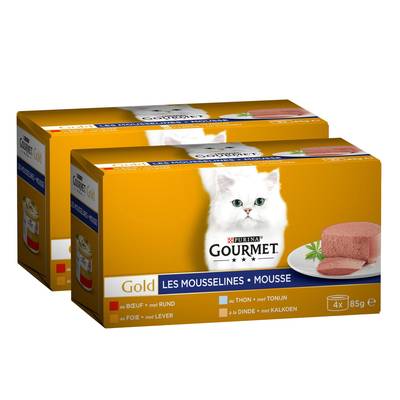 Purina - Gourmet Gold Boites Mousseline Thon, Foie, Dinde, Bœuf pour chat, Lot de 2x4x85g