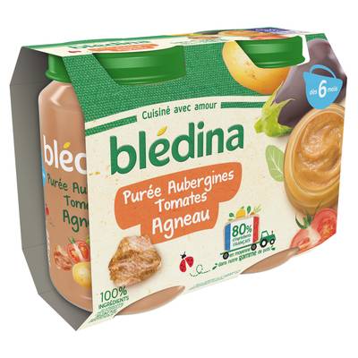 Blédina Purée d'Aubergines Tomates et Agneau Pots Bébé Dès 6 mois, 2x200g