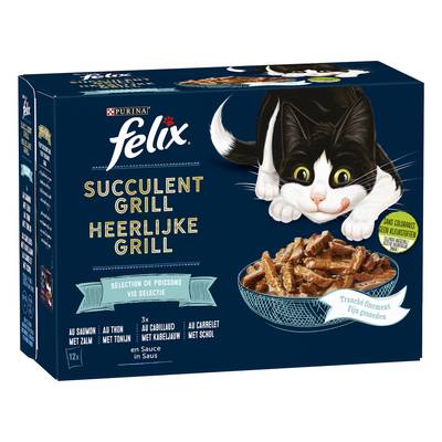 Purina - Félix Sachets en Sauce Succulent Grill Poisson 4 variétés pour chat, 12x85g