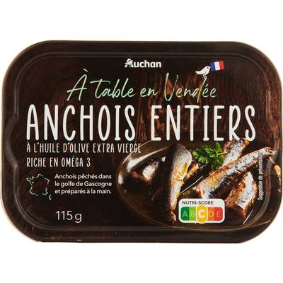 Auchan Terroir Anchois entiers à l'huile d'Olive extra vierge, 115g