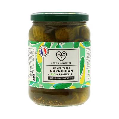 Les 3 Chouettes Pickles Le Véritable Cornichon Bio et Français, 425g