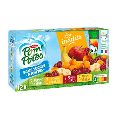 Pom Potes Mutivariétés Sans Sucres Ajoutés x12, 12 gourdes de 90g