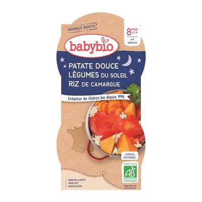Babybio Patate Douce, Légumes du soleil, Riz de Camargue Bio Bol Bébé Dès 8 mois, 2x200g
