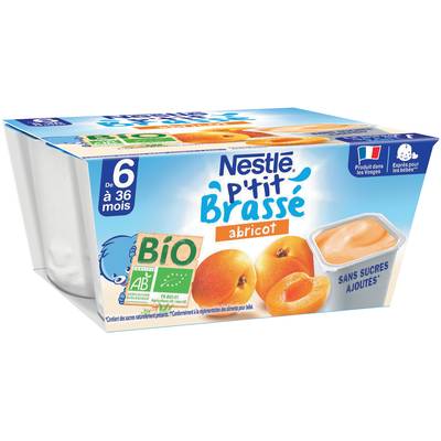 Nestlé - P'tit Brassé Dessert Lacté Abricot Bio Coupelle Bébé Dès 6 mois, 4x90g