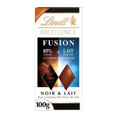 Lindt Tablette Fusion Chocolat Noir 85% & Lait à la Pointe de Sel, 100g
