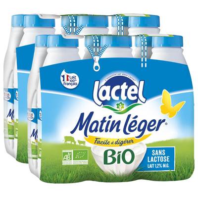 Matin Léger de Lactel Lait Bio demi écrémé, 2 packs de 6x1l