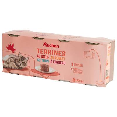 Auchan Boites Terrines à la viande et au poisson en boite pour chat et chat stérilisé, 4x400g
