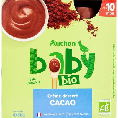 Auchan Baby Bio Dessert lacté Cème Dessert Saveur Cacao Bio Gourde Bébé dès 10 mois, 4x85g