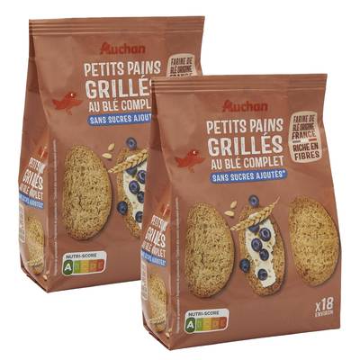 Auchan Petits pains grillés au blé complet sans sucres ajoutés, Lot de 2x225g